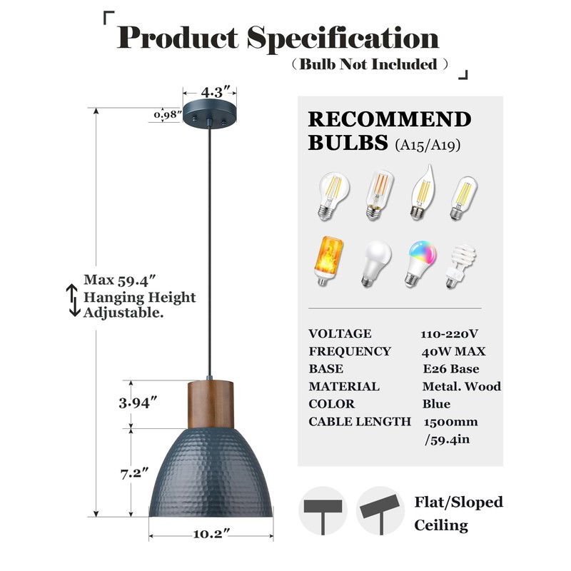 ELYONA 2 Pack Modern Hammered Pendant Lights 10.2” Blue Solid