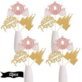 Little Princess Crown Centerpiece Sticks, Princess Theme Party Decorations, Princess Castle Crown Carriage Baby Shower Birthday Party Supplies for Girls 12 Pieces Rose Gold & Gold