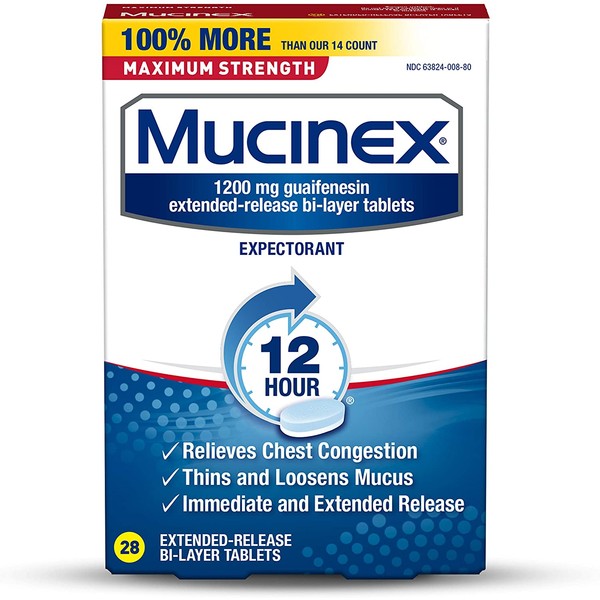 Mucinex Maximum Strength 12 Hour Chest Congestion Expectorant Relief Tablets, 1200 mg, 28 Count, Thins & Loosens Mucus