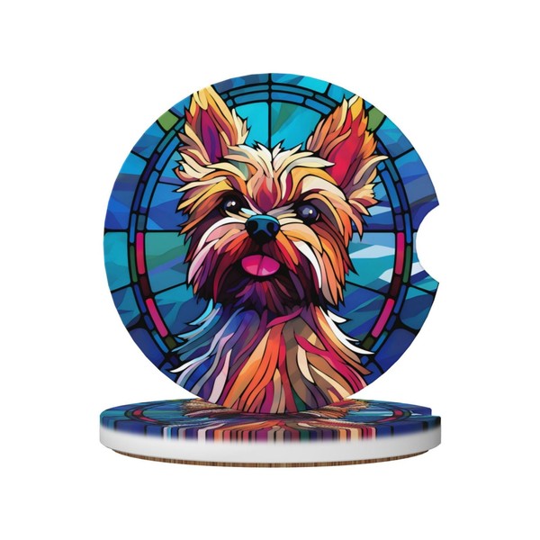Yorkie Stained Dog Breed Glass Art Ceramic Car Cup Holder