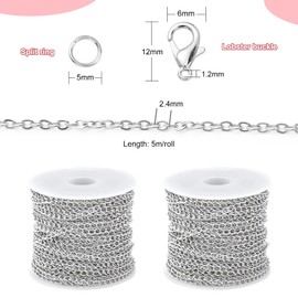 THETAG 10 m Metal Necklace Chains, 2 Roll Cable Chain, Silver Necklaces, Sold by the Metre, Jewellery Making Kit with 60 Lobster Clasps and 120 Jump Rings for DIY Jewellery Making, 5 m