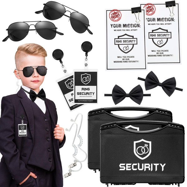 Mepase 7 Pcs Ring Wedding Security Set Include Ring Bearer Box ID Badge Holder Ring Bearer Sunglass Acoustic Earpiece Tube Mission Card with Binder Clip Bow Tie for Kids (Classic Style)
