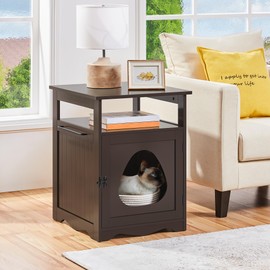 Topeakmart Cat Litter Box Enclosure, Pet Side Table with Open Shelf and Vent Holes, Indoor Cat Crate-Hidden Washroom, Sturdy Wooden Structure, Easy Assembly-Espresso