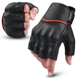 aaasportx Motorcycle Gloves Men's Leather Motorbike Gloves Touchscreen Function - Men & Women Non-Slip Pads (Half Finger Perforated, Red, Large)