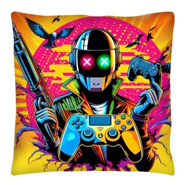 The Beach Stop Fun Video Game Accent Cushion Cover | Pop Art Home Decor | Gift Idea for Men Women Boys Girls | 45x45cm 18x18” | Colourful Gamer
