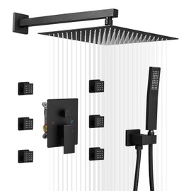 BWE Black Shower System with Body Jets,10 Inch Rain Shower Head with 6 Body Spray Jets and Handheld Shower,Wall Mounted Shower Faucet Set,Rough-in Mixer Valve and Trim Included