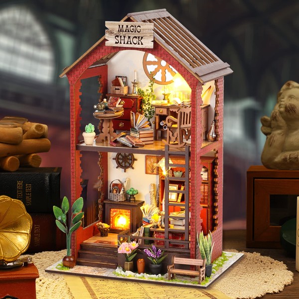 DIY Book Nook Kit: 3D Wooden Puzzle with Furniture and LED, Mini Miniature Dollhouse Kit Bookshelf Decor, Mini Doll House Creativity Gift for Adults Teens