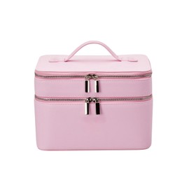 idoltimes Makeup Case, Large Capacity Waterproof Double Layer Cosmetic Bag with Removable Divider, Double Compartment Brush Organizer, Multi-functional Travel Organizer, Pink