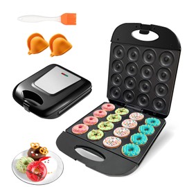2025 Mini Donut Maker Machine for Home, Kid-Friendly 16-Hole Electric Doughnut and Pancake Maker with Non-Stick Surface, Ideal for Homemade Doughnuts (Black with Mini Oven Gloves & Brush)