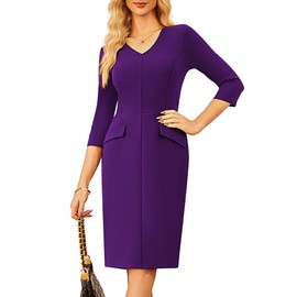 GRACE KARIN Business Dresses for Women 2025 V Neck 3/4 Sleeve Work Business Office Bodycon Pencil Dress Dark Purple XL