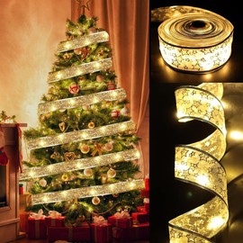 YUNGSUN Christmas Ribbon Lights, 32ft 100 LED String Lights, Battery-Powered Copper Wire Christmas Tree Ribbon Lights for Holiday Party Weddings Indoor Christmas Tree Decorations (Gold)