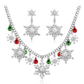 NLCAC - Juego de collar y arete de copo de nieve navideño con diseño de campana, color rojo y verde