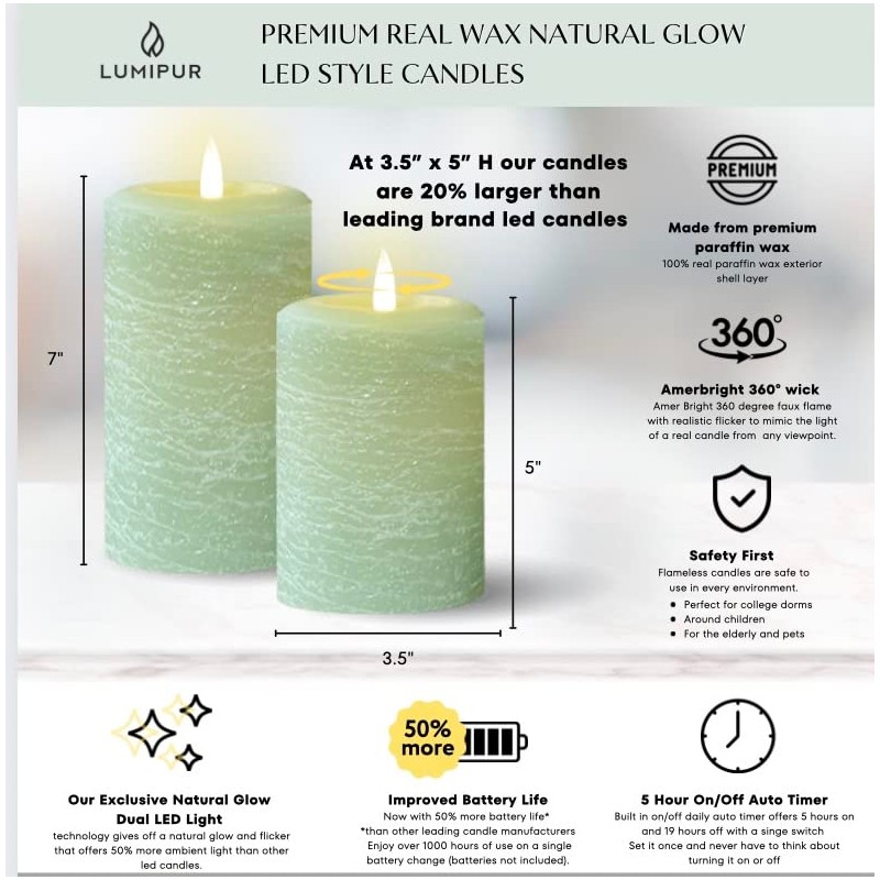 LumiPur Signature Natural Glow Flickering Flameless LED Wax Pillar Candle