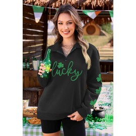ALIREVERIE Women's St Patricks Casual Long Sleeve Shirts Shamrock Irish Oversized Quarter Zipper Sweatshirt Glitter Lucky Clover XL