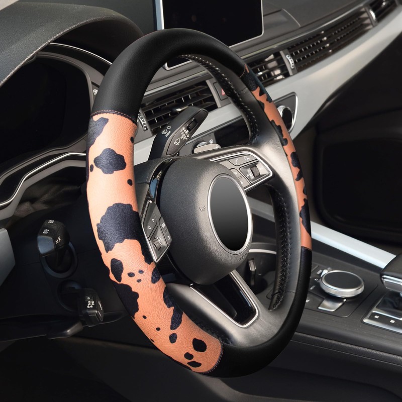Cow Print Car Steering Wheel Covers, Breathable Microfiber Leather for