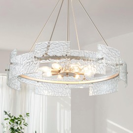 XINGQI Drum Chandeliers for Dining Room Glass 8 Lights Modern Farmhouse Light Fixture Sliver Round Kitchen Island Pendant Lighting for Living Room Chandelier Over Table