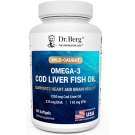 Dr. Berg Maximum Strength Omega-3 Cod Liver Fish Oil (1250 mg) from Wild-Caught Cod - Lemon-Flavored Omega-3 Fish Oil for Women & Men - EPA DHA Supplement – 60 Softgels