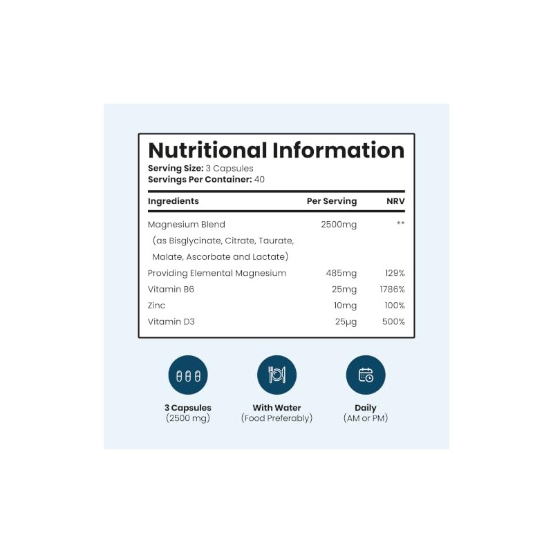 VitaBright Magnesium Glycinate Complex 6-in-1 | 2500mg~485mg Elemental | 120