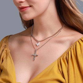 Wendalern Crystal Cross Necklace Tiny Butterfly Choker Necklace Classic Layered Butterfly Cross Pendant Necklace Statement Crucifix Necklace Chain Y2k Jewellery for Women Girls