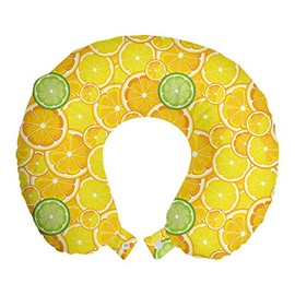 Ambesonne Yellow Travel Pillow Neck Rest, Lemon Orange Lime Fruit Citrus Round Cut Circles Big and Small Pattern, Memory Foam Traveling Accessory for Airplane and Car, 12", Yellow White