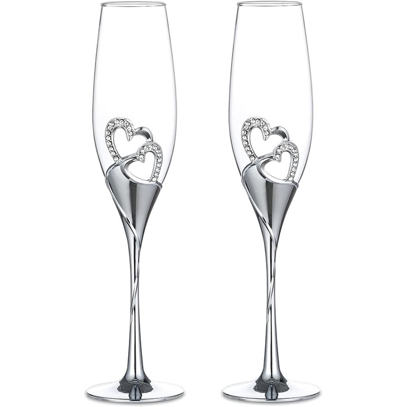 ukgiftstoreonline Double Heart Wedding Champagne Flute with Sparkling Crystals