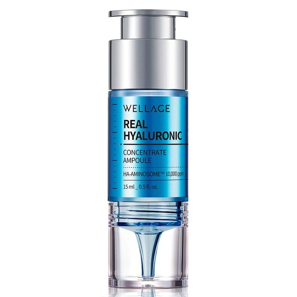 WELLAGE Real Hyaluronic Concentrate Ampoule 15ml (0.5 Oz.), Intensive Hyaluronic Acid Serum with Amino Acid, Non Sticky Moisture Rich Formula, Revitalizing Facial Shot Serum for Dry and Rough Skin