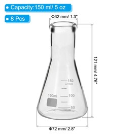 PATIKIL Erlenmeyer Flask, 8Pcs 150ml 5oz Narrow Mouth Graduated Flasks Borosilicate Glass with Printed Graduation for Lab Experiment Chemistry Science Study
