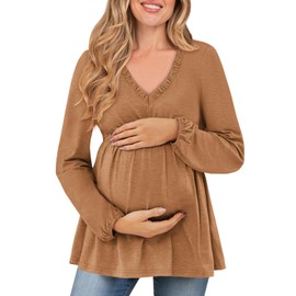 FMEYOA Fall Maternity Clothes Brown Long Sleeve Blouse Slim Fitting V Neck Cute Pregnancy Tops M