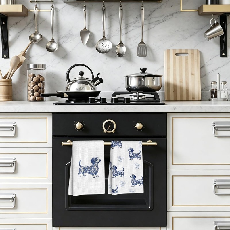 2Pcs Chinoiserie Dachshund Kitchen Towels, Weiner Dog Gifts for Women
