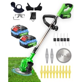 Weed Wacker Cordless Battery Powered, 4-in-1 Weed Trimmer/Lawn Edger with 4 Types Blades, Weed Electric Eater with 4.0Ah Battery*2, 21V Brush Cutter for Lawn Care and Yard Work
