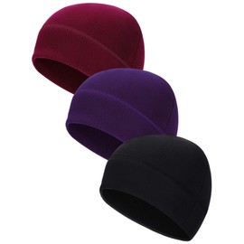 3 Pieces Winter Warm Skull Cap Soft Fleece Beanie Hat Thick Windproof Watch Cap Skiing Outdoor Warm Colored for Men Women(Black, Dark Red, Purple,One Size)