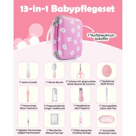 Lictin Baby Pflegeset 12 teilige Baby Pflegeset Neugeborene, Babypflege Set mit Thermometer, Baby Nagelscheren, Baby Bürste, Babykamm, Fingerzahnbürste, Babypflegeset Neugeborene (Rosa)