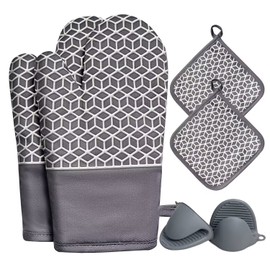 NAVITHOUS Oven Mitts and Pot Holders Sets 6pcs, Thick Cotton Oven Gloves High Heat Resistant 500℉with Extra Long Oven Mitts and Hot Pads Potholders with Non-Slip Silicone Surface for Cooking Baking