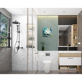 Anolyfi Bathroom Botanical Florals Prints Wall Art Rustic White Flowers Plants Canvas Painting Teal Picture Abstract Artwork Framed for Nursery Bedroom Living Room Kitchen Office Home Decor 14"x14"