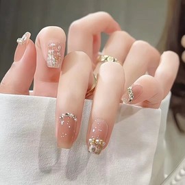 Press On Nails, Beauty Pattern Fake Nails, Summer Cute Stick on nails, Short Square Almond Ballet Shape Glue on Nails on 24PCs (Nude Foil Pearl)
