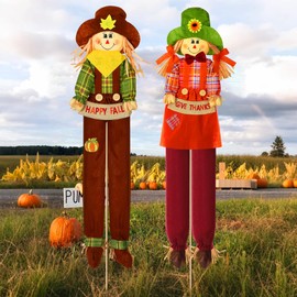 Meonum 2 Pack Fall Harvest Scarecrow Decorations, Thanksgiving Standing Scarecrow for Autumn with Stakes, Rustic Outdoor Fall Yard Decoration for Home, Garden, Yard, Lawn, Porch Sign(150cm,Plaid)