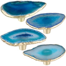 KYEYGWO Pack of 4 Irregular Agate Slices Furniture Knobs, Polished Agate Gemstone Drawer Knobs, Brass Cabinet Knobs, House Decor, Pull Handle, Stone Cabinet Knobs, Dresser Knobs, Blue