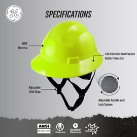 GE Hard Hat, Full Brim, Class C, Padded Sweatband, 4-Point Ratchet Suspension, ANSI Z89.1-2014, Safety Hard Hats for Men, Impact Resistant, Durable, Lightweight, Adjustable - Non-Vented, Hi-Vis Lime