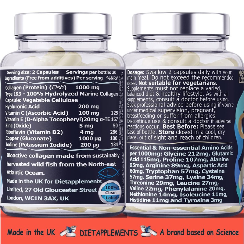 Marine Collagen Type 1&3 1000mg, Hyaluronic Acid 200mg/serving; Vitamin C,