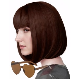MIUSKATL Wig and Sunglasses 12 Inch Short Bob Wigs with Bangs for Women Costume Cosplay Party (Reddish Brown)
