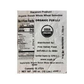 Mantova Organic Durum Whole Wheat Fusilli Pasta, 160 oz. (10 lbs.) (Pack of 1), Product of Italy, Traditional, Bronze-Die, Slow-Dried Rotini Pasta, Made with 100% Italian, All-Natural Whole Wheat, Bulk Pasta for Foodservice, Restaurants, Catering, Dining