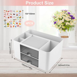 OFFCUP Desk Organiser, 5 Compartments Plastic Office Organiser with 2 Drawers, Multifunctional Pen Holder Organiser, Pen Holder, Desk Table Organiser for Office Supplies, Stationery (White)