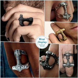 Norse Mjolnir Rings for Men Black Big Viking Stuff Thor Hammer Band Ring Jewelry for Vikings Pinky Rings Charm