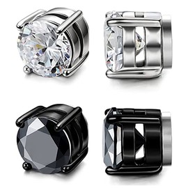 2 Pairs Stainless Steel Fake Earrings Round Square Cubic Zirconiac Non-piercing Stud Earrings Set for Women Men 6mm 8mm (Silver+Black) (8mm)