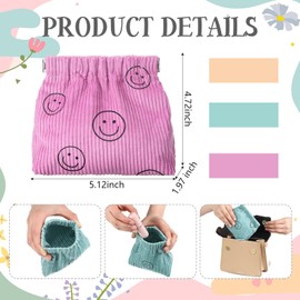Shinylin 3 Pcs Preppy Corduroy Elastic Cosmetic Bag Smile Face Corduroy Elastic Hair Tie Organizer Coin Purse for Girls Smile Cosmetic Bag for Girl Coin Purse Makeup Organizer(Pink, Yellow, Green)