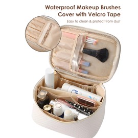 Large Capacity Travel Cosmetic Bag,Portable PU Leather Checkered Makeup Bag Water Resistant,Open Flat Toiletry Bag,Makeup Bag Organizer with Divider and Handle (D-Green)