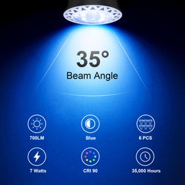 MR16 LED Bulbs 7W Light Bulb (50W Halogen Equivalent) - Blue Color Light, 12V GU5.3 Base, 700LM, 35° Beam Angle, Non-Dimmable for Indoor/Outdoor Spotlight Path Stair Driveway Recessed Lighting 6-Pack