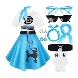 10Pcs Sock Hop Outfits Costume Women, 1950s Poodle Skirts, Poodle T-Shirt with 50s Accessories Set Scarf Headband Belt Socks Eyeglasses Earrings (SockHop-Blue-M)
