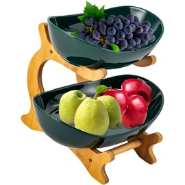 YWHWXB Multi-Layer Fruit Bowl with Natural Bamboo Rack,Plastic Wooden Frame Candy Plate,Large Capacity Snack Bowl Set,Bamboo Food Serving Tray for Kitchen Counter (Green,Double Layer)