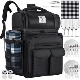 ITHWIU Picnic Backpack for 4 Person with 2 Insulated Leakproof Cooler Compartment, 4 Cutlery Sets, Wine Holder, Fleece Blanket, Perfect for Beach, Camping, Hiking, Black